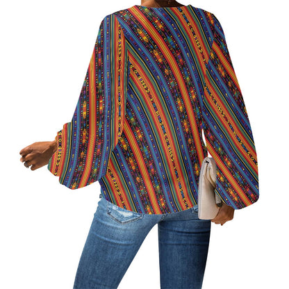 V-Neck Chiffon Puff Sleeve Blouse by Luxtrini