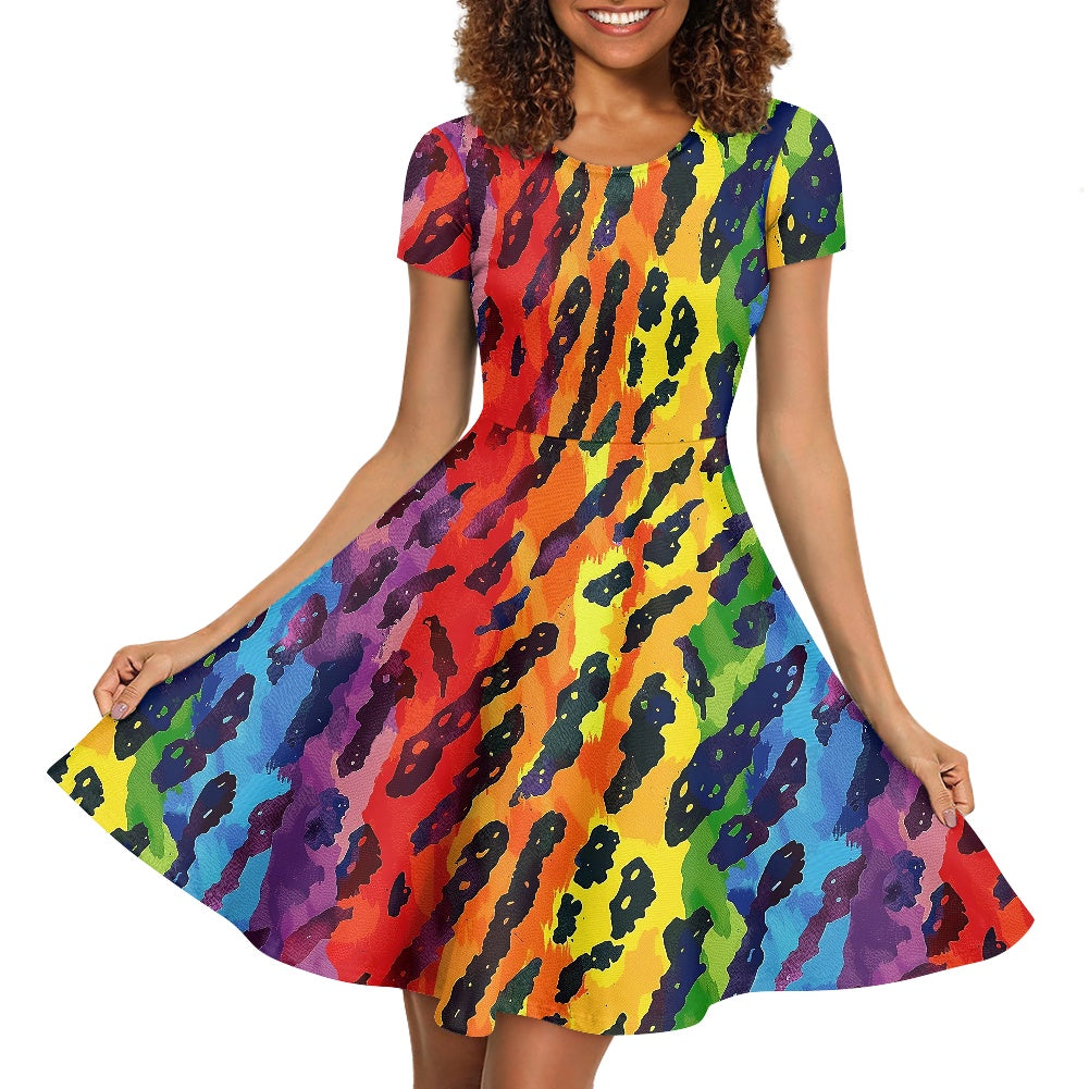 Women Scoop Neck Short Sleeve Ruffle Dress