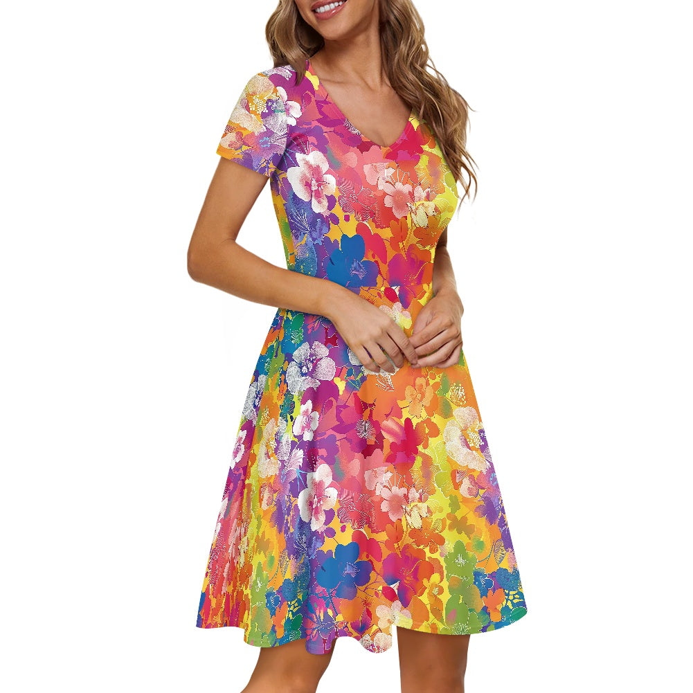 Women V-Neck Short Sleeve Ruffle Dress
