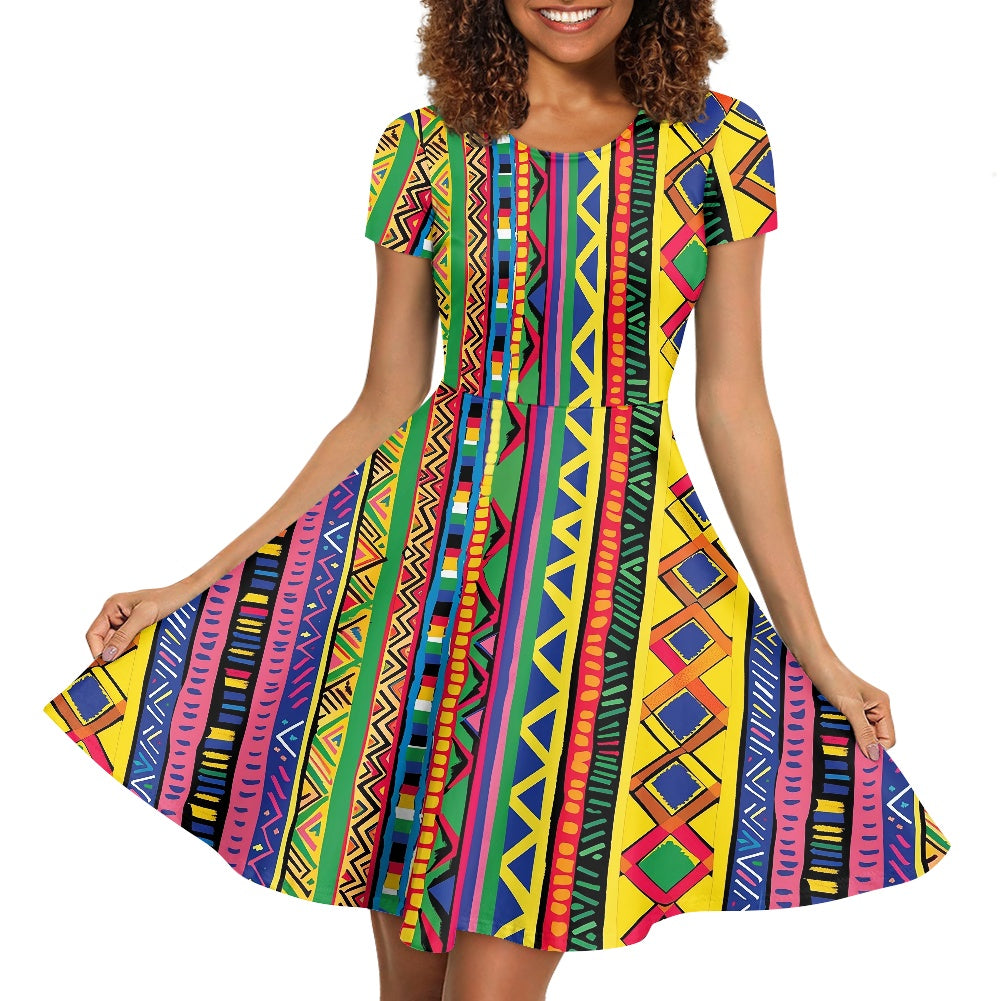 Women Scoop Neck Short Sleeve Ruffle Dress