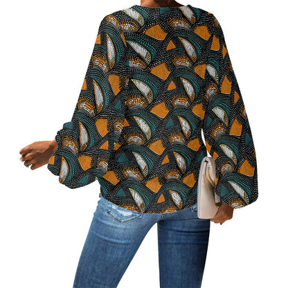 African Tribal V-Neck Chiffon Puff Sleeve Blouse by Luxtrini