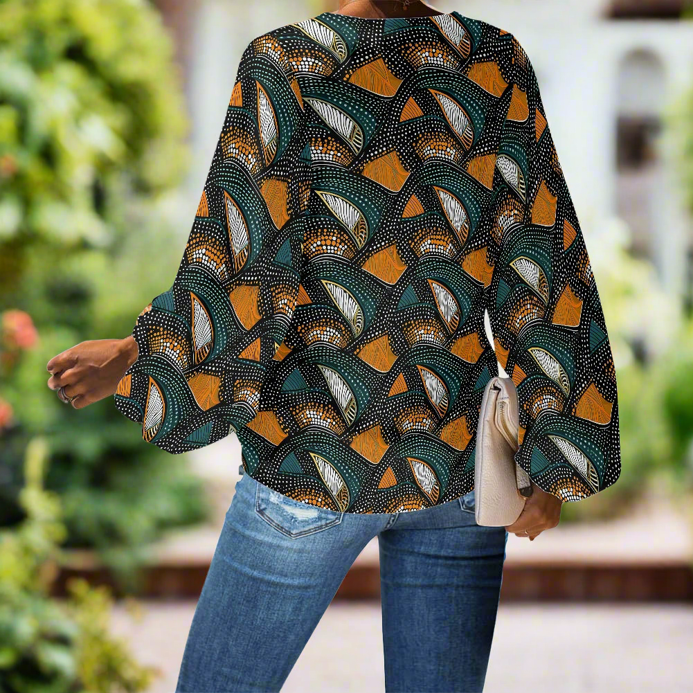African Tribal V-Neck Chiffon Puff Sleeve Blouse by Luxtrini