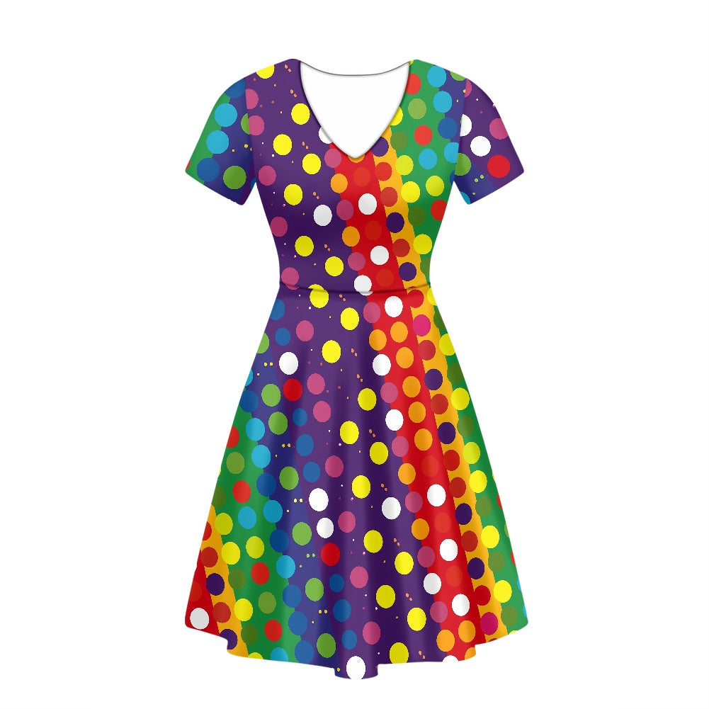 Polka Dot Rainbow Women V-Neck Short Sleeve Ruffle Dress white