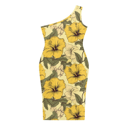 Discover Elegance: Luxtrini's One-Shoulder Slim Dress - Yellow Hibiscus