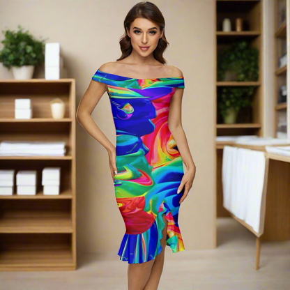 Rainbow Confusion Off Shoulder Ruffle Split Hem Bodycon Dress