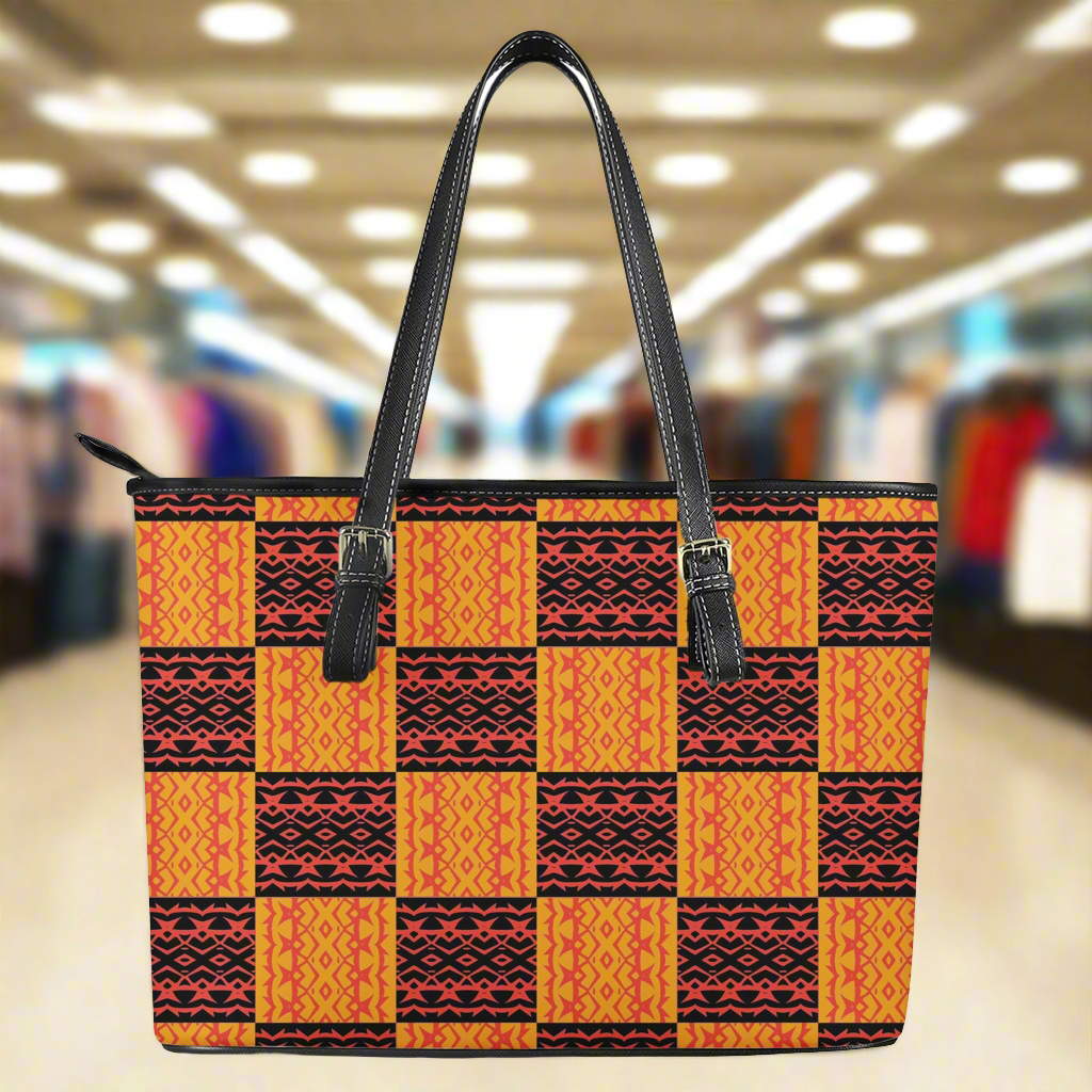 Leather Tote Bags - Black and Orange Tribal Design