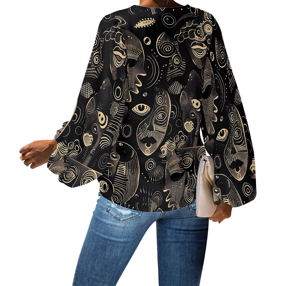 V-Neck Chiffon Puff Sleeve Blouse by Luxtrini
