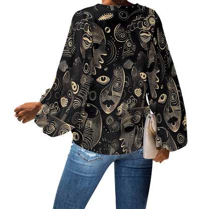V-Neck Chiffon Puff Sleeve Blouse by Luxtrini