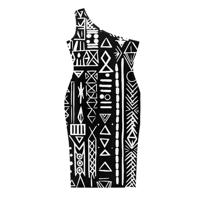 Discover Elegance: Luxtrini's One-Shoulder Slim Dress - B&W Ethnic white