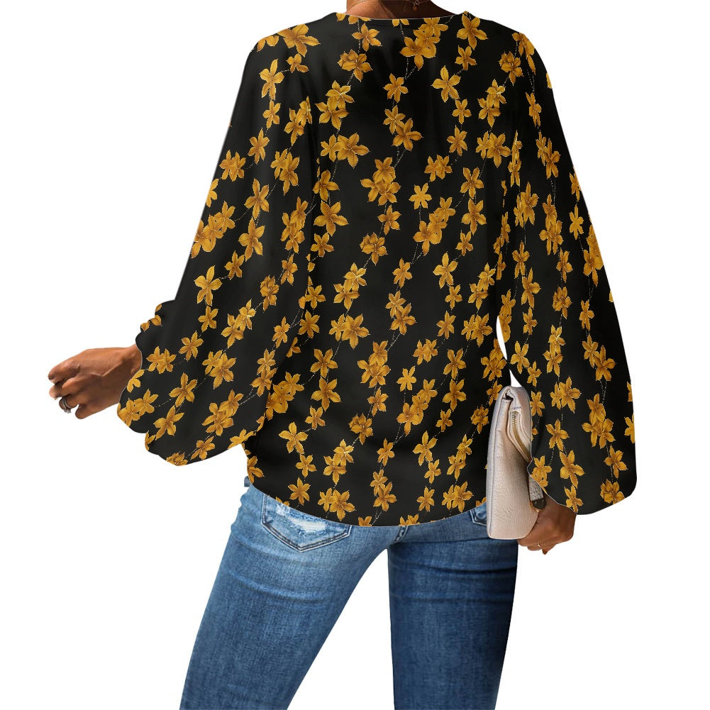 Black and Gold Ditsy Floral Blouse – Loose Fit Chiffon Puff Sleeve Blouse for Women V-Neck by Luxtrini