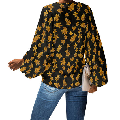 Black and Gold Ditsy Floral Blouse – Loose Fit Chiffon Puff Sleeve Blouse for Women V-Neck by Luxtrini