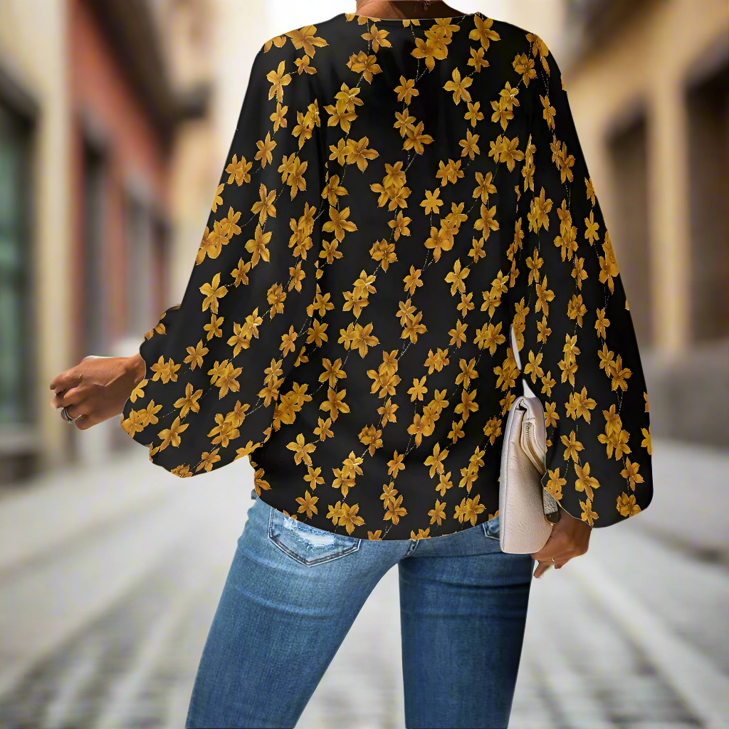 Black and Gold Ditsy Floral Blouse – Loose Fit Chiffon Puff Sleeve Blouse for Women V-Neck by Luxtrini