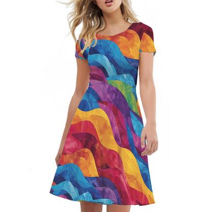 Women Scoop Neck Short Sleeve Ruffle Dress
