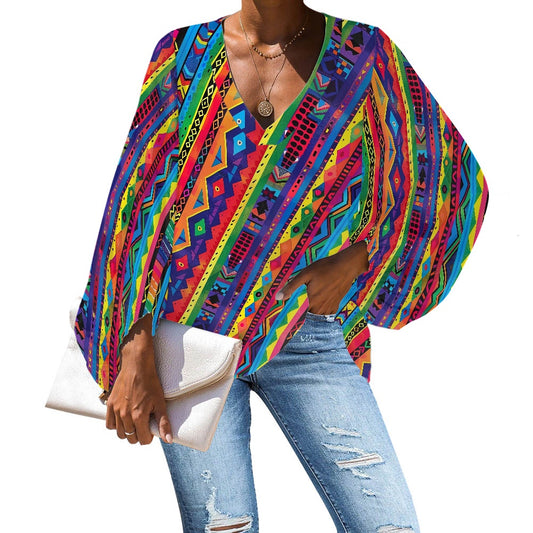 V-Neck Chiffon Puff Sleeve Blouse by Luxtrini 4XL