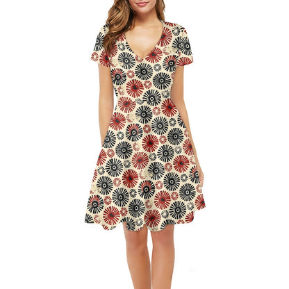 Women V-Neck Short Sleeve Ruffle Dress