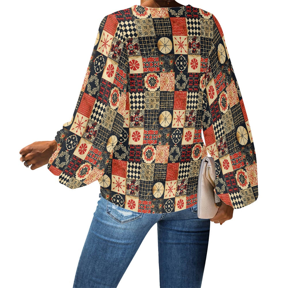 V-Neck Chiffon Puff Sleeve Blouse with Ethnic and Cultural Patterns – Stylish and Comfortable by Luxtrini