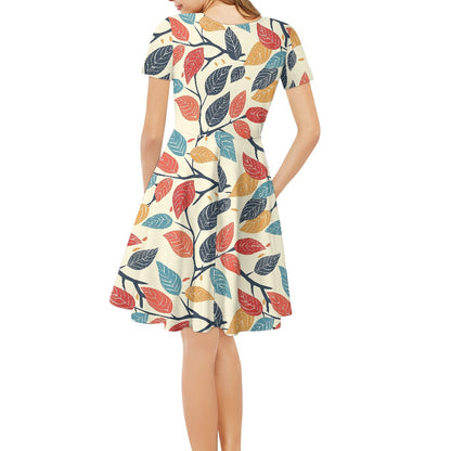 Colored Leaves Women V-Neck Short Sleeve Ruffle Dress