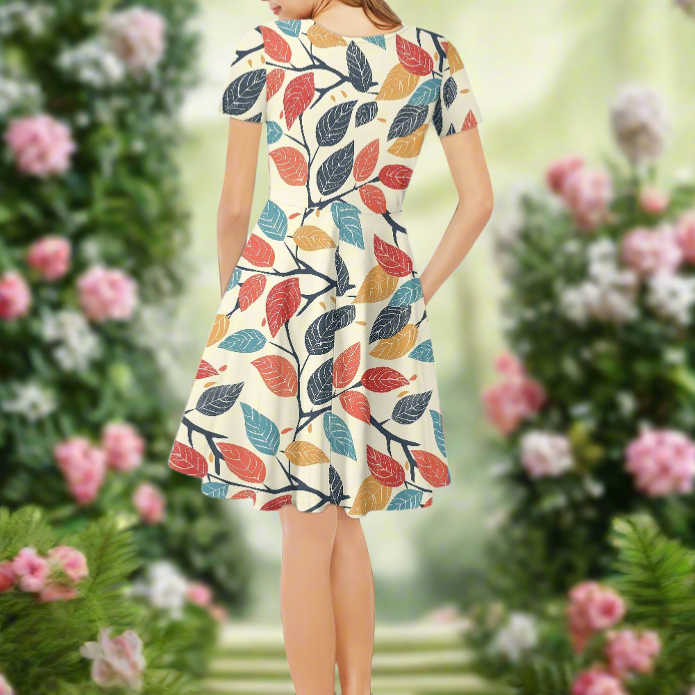 Colored Leaves Women V-Neck Short Sleeve Ruffle Dress