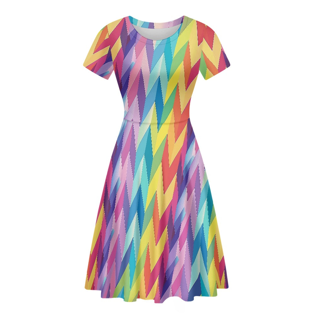 Chevron Rainbow LGBTQ Women Scoop Neck Short Sleeve Ruffle Dress