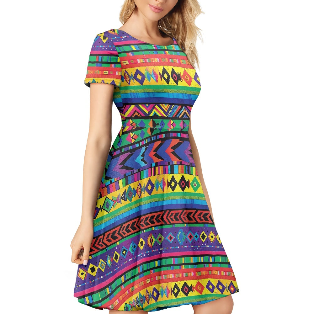 Women Scoop Neck Short Sleeve Ruffle Dress