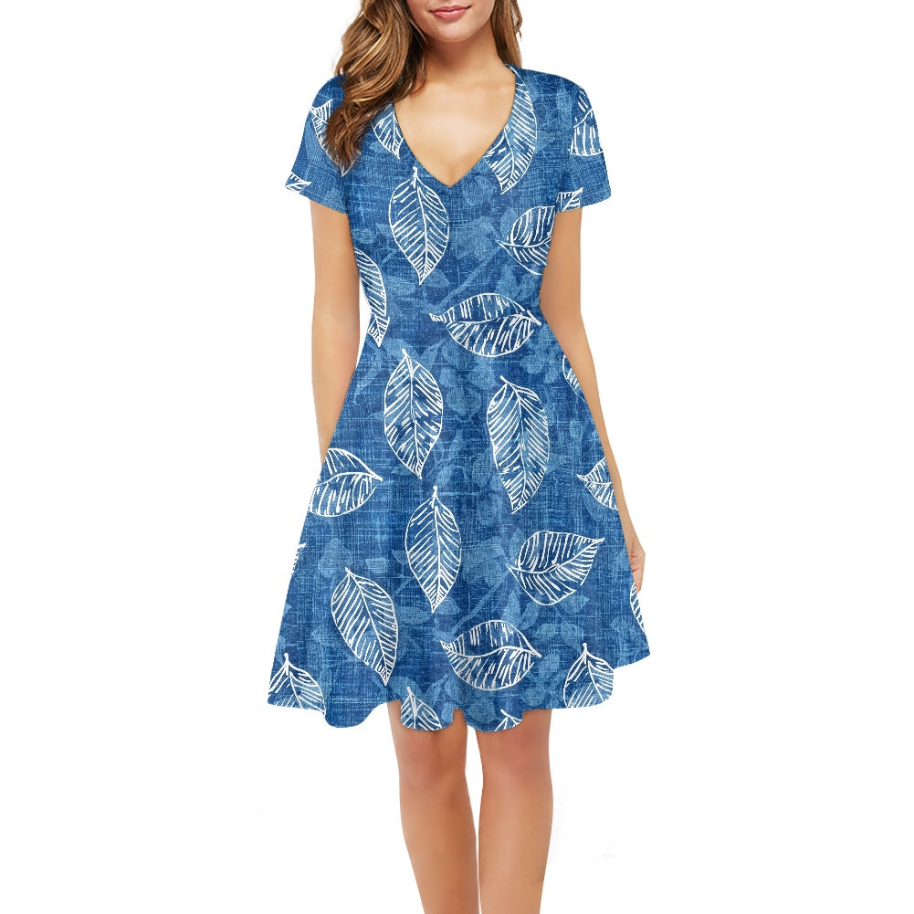 Blue Leaves Women V-Neck Short Sleeve Ruffle Dress
