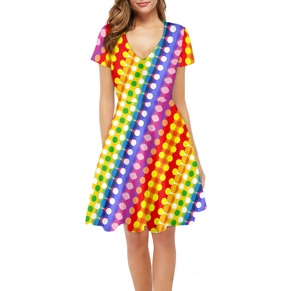 Rainbow Polka Dot Women V-Neck Short Sleeve Ruffle Dress