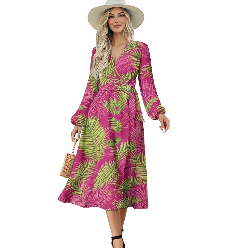 V-Neck Long Sleeve Tie Waist Midi Dress