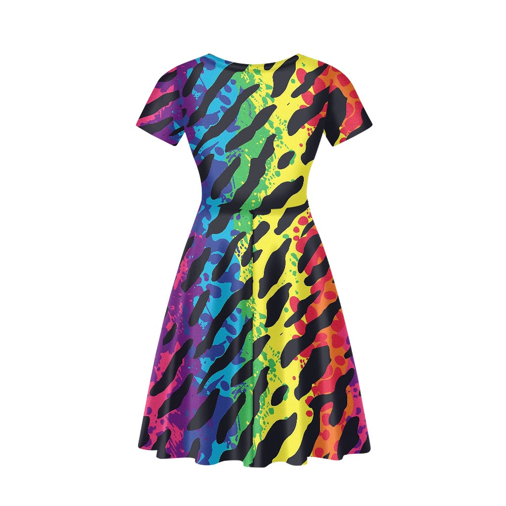 Animal Print Women V-Neck Short Sleeve Ruffle Dress