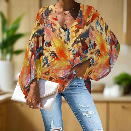 Orange Peace Lily V-Neck Chiffon Puff Sleeve Blouse by Luxtrini