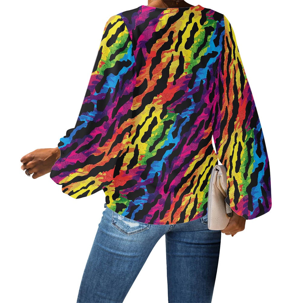 V-Neck Chiffon Puff Sleeve Blouse by Luxtrini