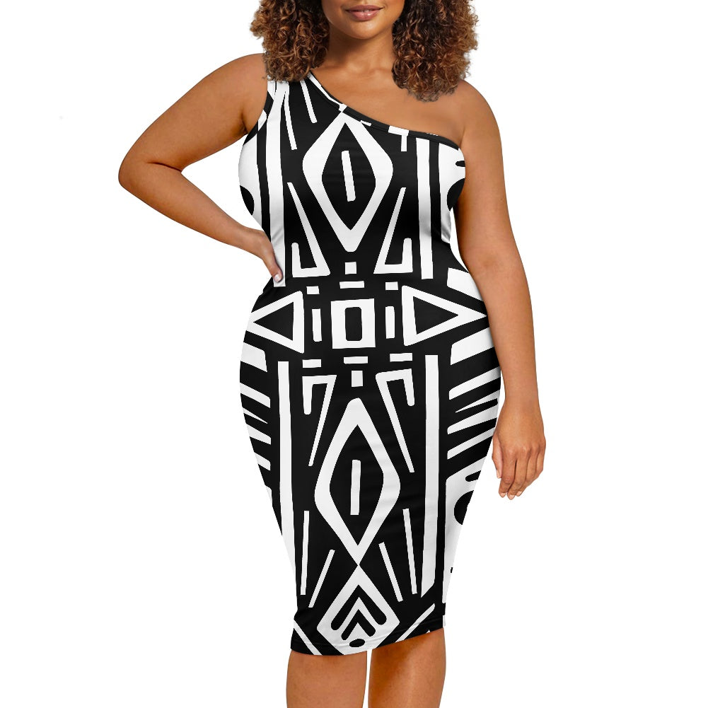 Discover Elegance: Luxtrini's One-Shoulder Slim Dress - B&W Ethnic