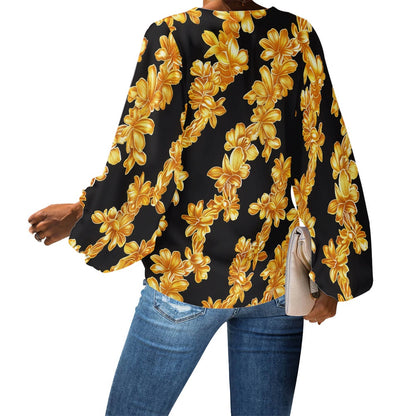 Lei Golden on Black V-Neck Chiffon Puff Sleeve Blouse by Luxtrini