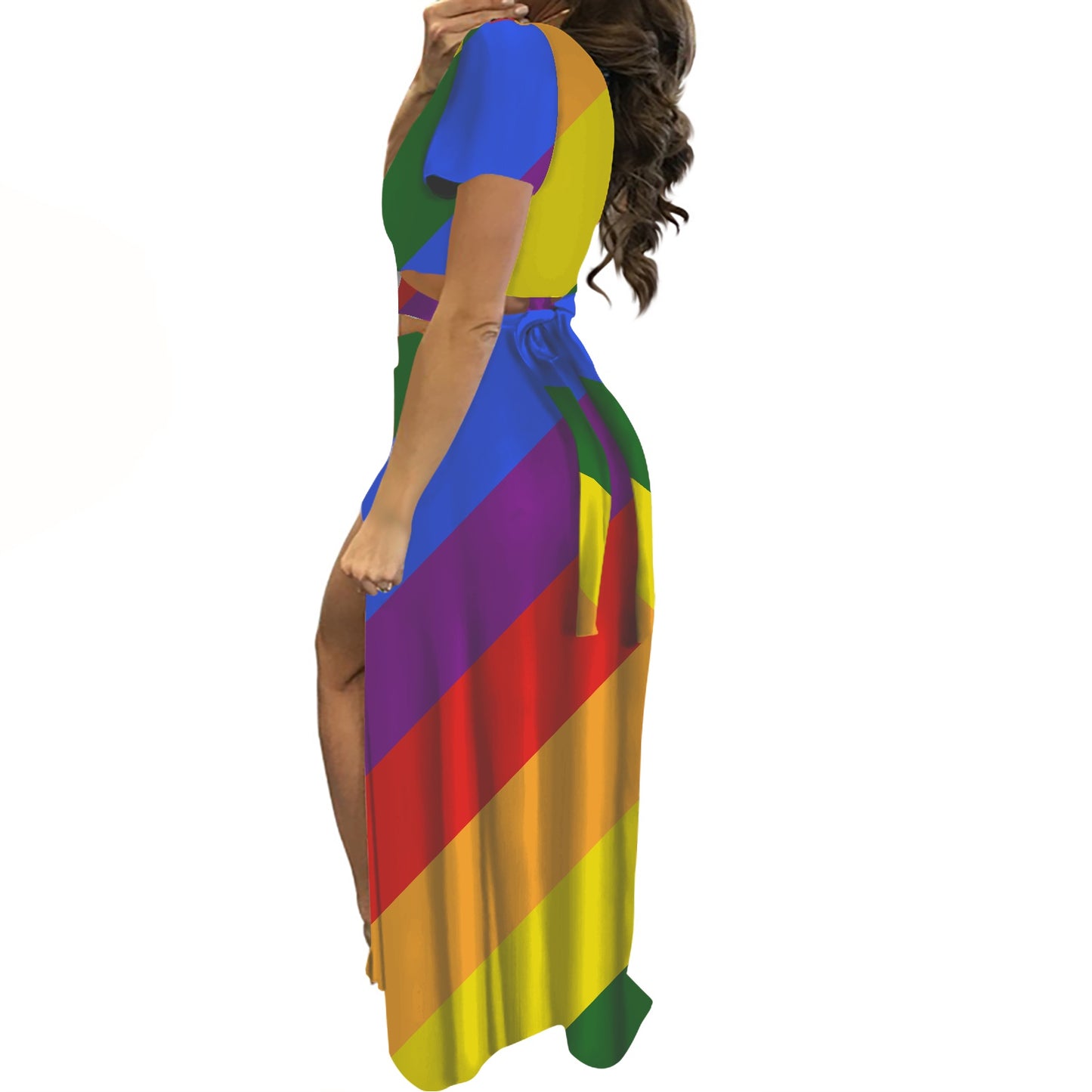 Rainbow Short sleeve long dress suit