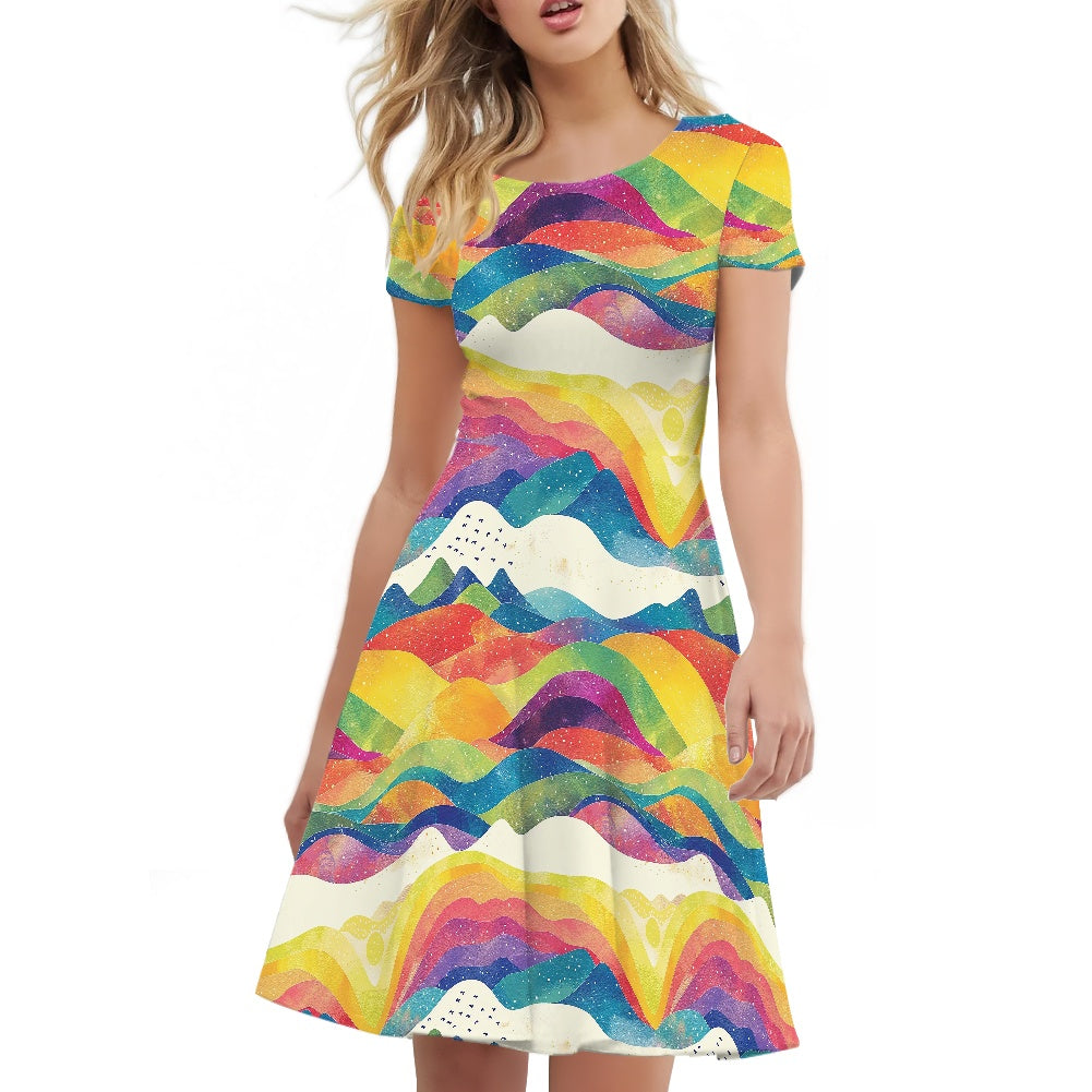 Women Scoop Neck Short Sleeve Ruffle Dress