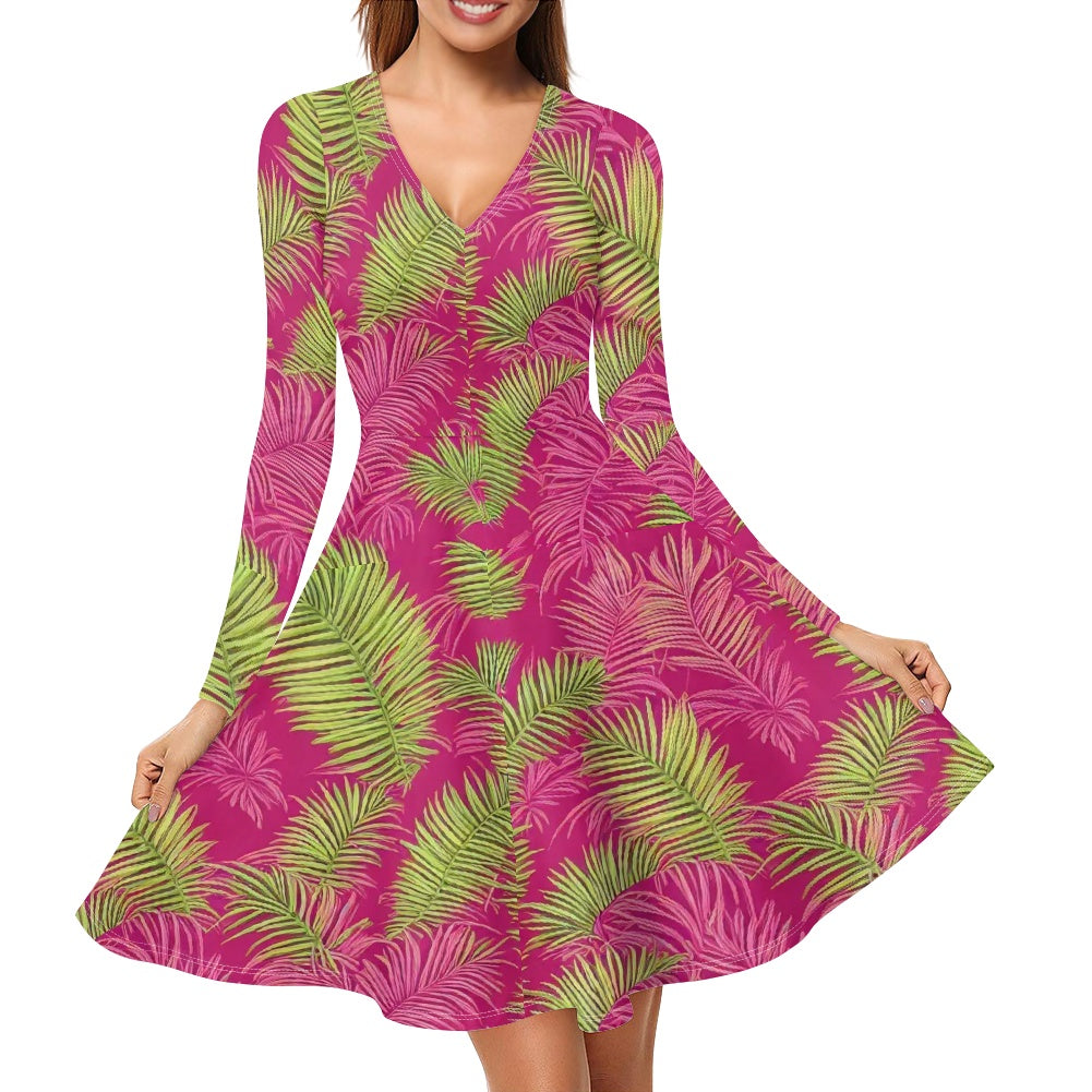 V-Neck Long Sleeve Ruffle Dress