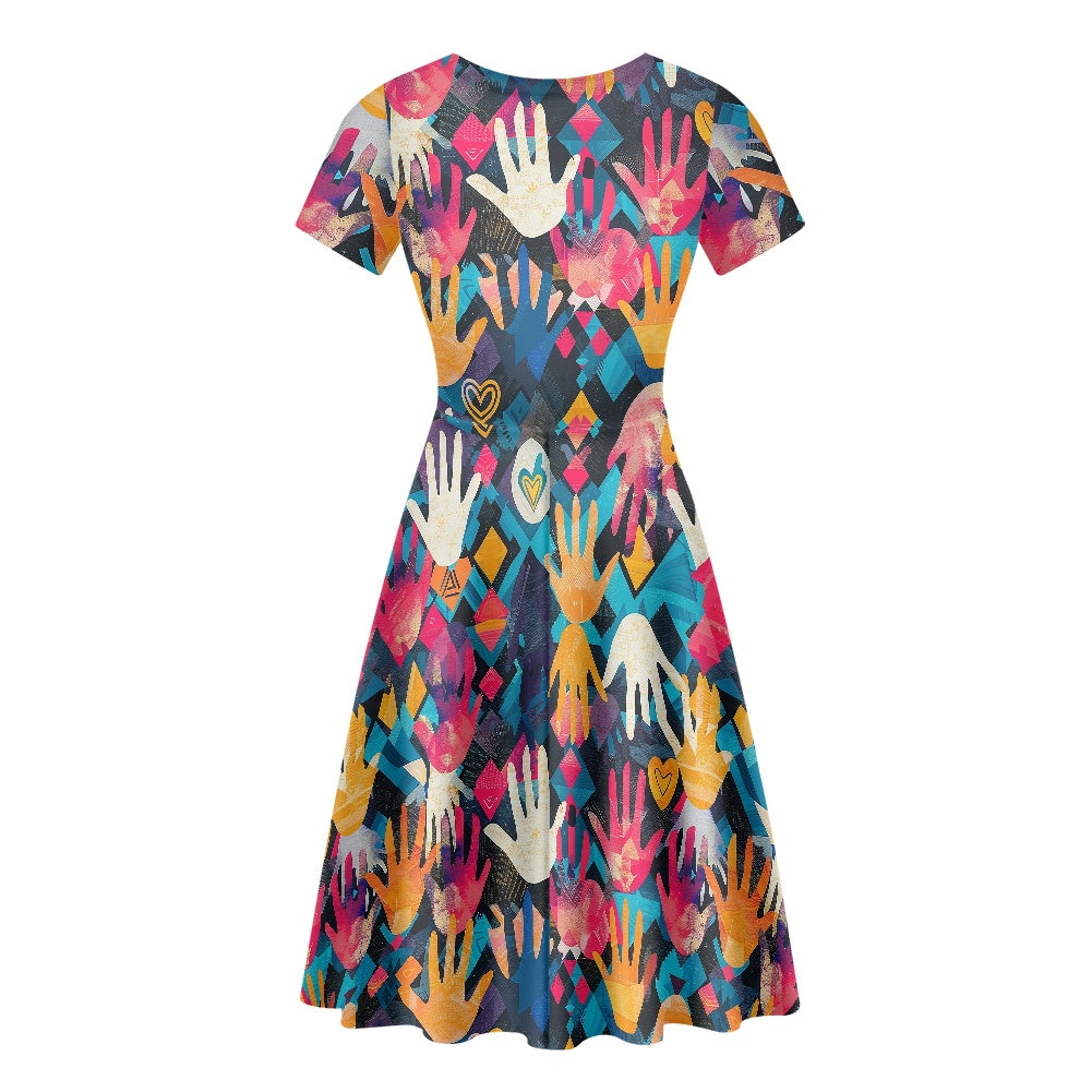 Women Scoop Neck Short Sleeve Ruffle Dress