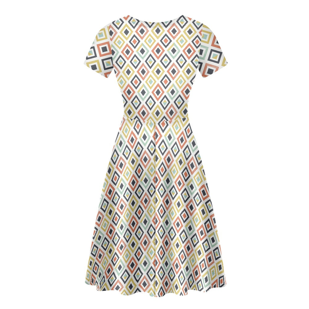 Multicolored Diamonds Women Scoop Neck Short Sleeve Ruffle Dress