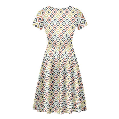 Multicolored Diamonds Women Scoop Neck Short Sleeve Ruffle Dress