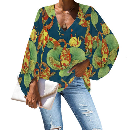 Koi Abstract V-Neck Chiffon Puff Sleeve Blouse by Luxtrini 4XL
