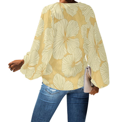 Yellow Tropical Flowers V-Neck Chiffon Puff Sleeve Blouse by Luxtrini