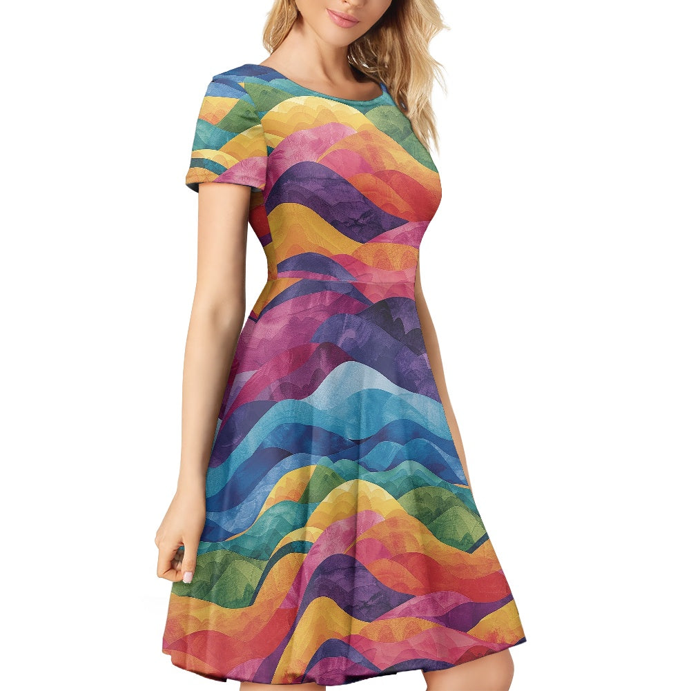 Women Scoop Neck Short Sleeve Ruffle Dress
