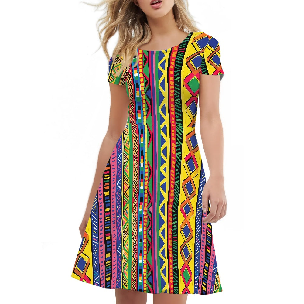 Women Scoop Neck Short Sleeve Ruffle Dress