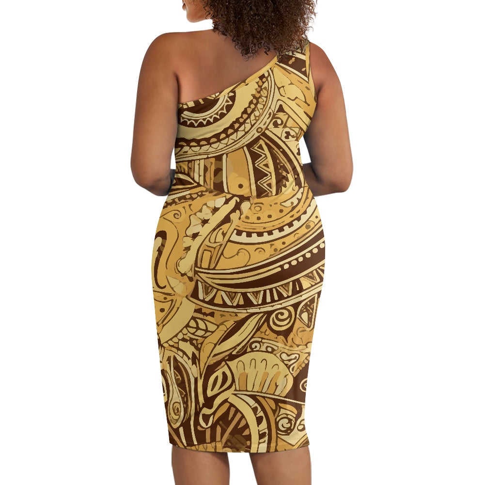 Discover Elegance: Luxtrini's One-Shoulder Slim Dress - Ethnic Yellow