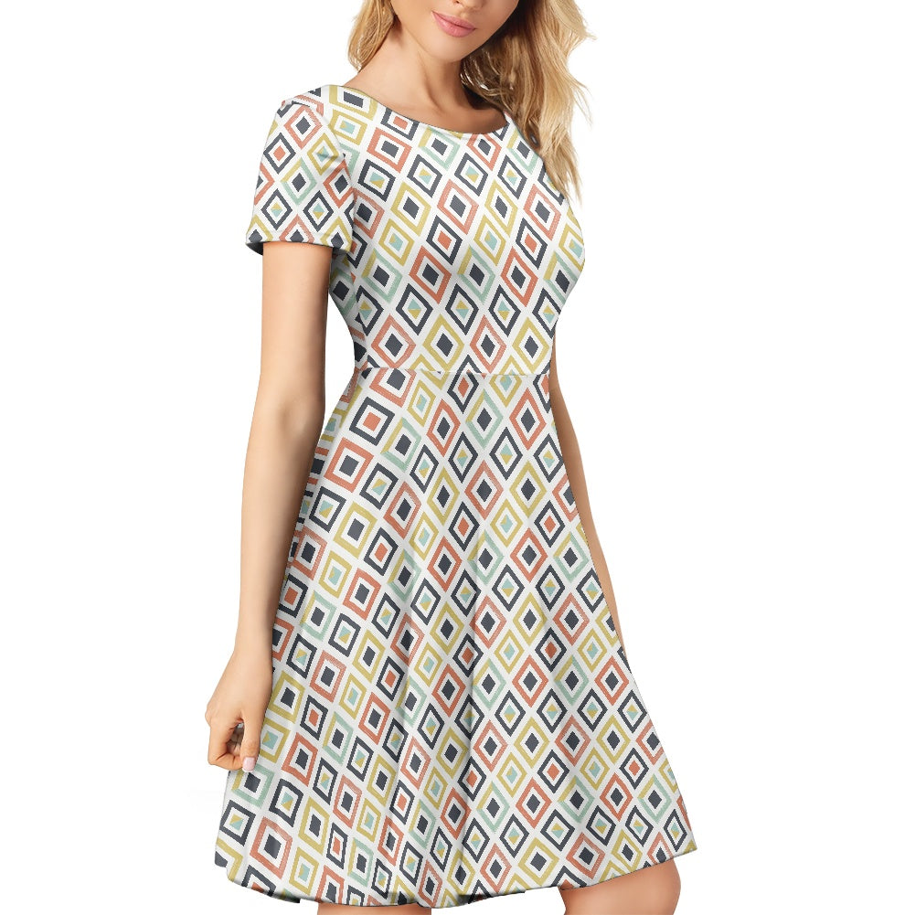 Multicolored Diamonds Women Scoop Neck Short Sleeve Ruffle Dress