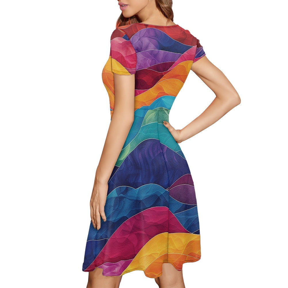 Women Scoop Neck Short Sleeve Ruffle Dress