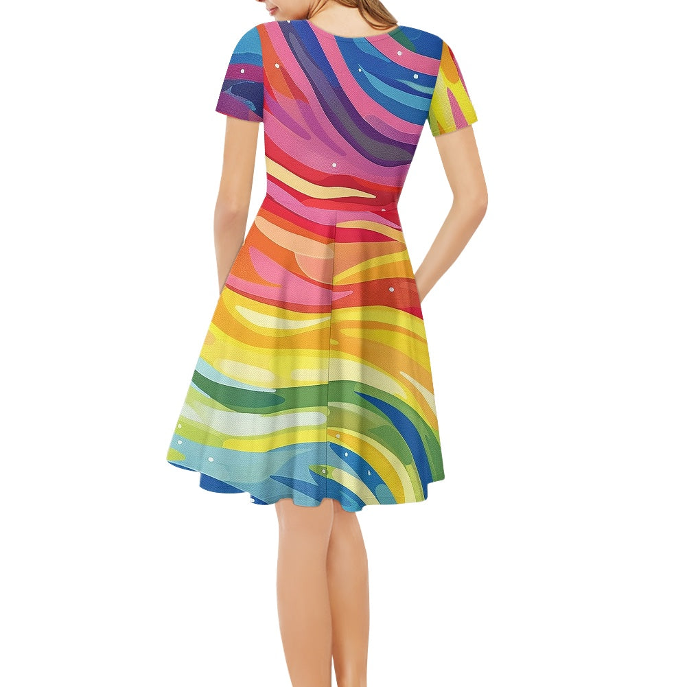 Rainbow Women V-Neck Short Sleeve Ruffle Dress