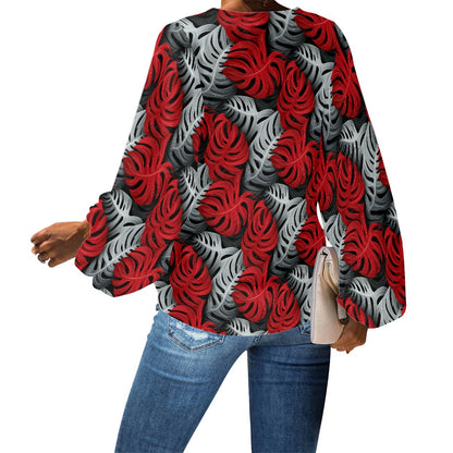 Tropical Red and Gray Monstera V-Neck Chiffon Puff Sleeve Blouse by Luxtrini