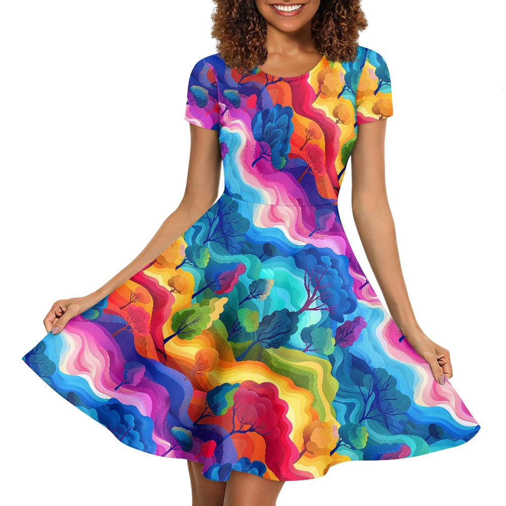 Women Scoop Neck Short Sleeve Ruffle Dress