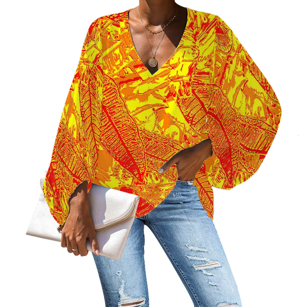 Vibrant Orange Croton V-Neck Chiffon Puff Sleeve Blouse by Luxtrini 4XL