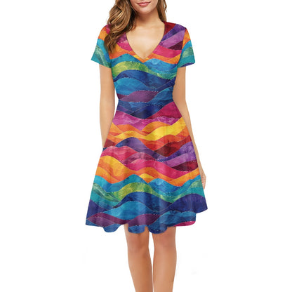 Women V-Neck Short Sleeve Ruffle Dress